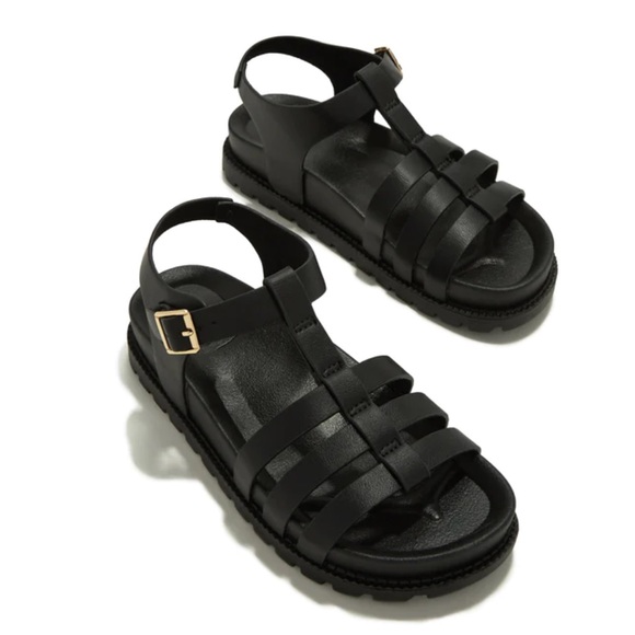 NWT! BLACK OPEN TOE FISHERMAN PLATFORM LUG SOLE SANDALS - Picture 2 of 5